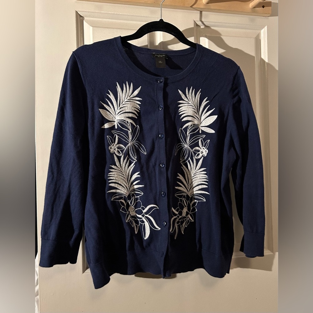 Ann Taylor Navy Cardigan with White Floral Embroidery